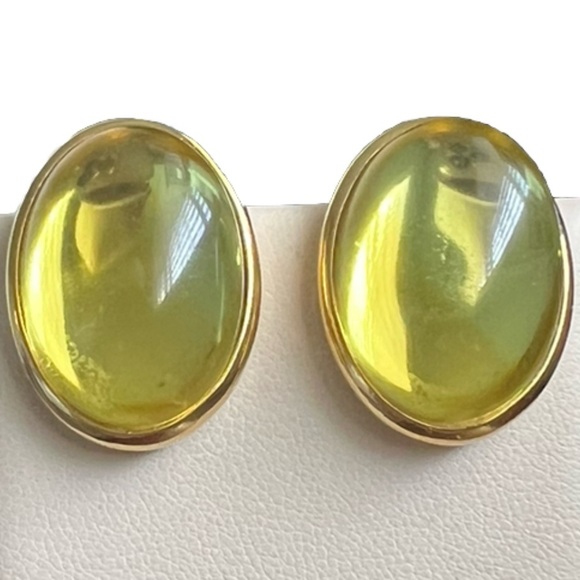 π«SOLDπ« Trifari β’ Yellow Jelly Lucite Cabochon Gold Tone Clip On Earrings 1980s - Picture 4 of 9